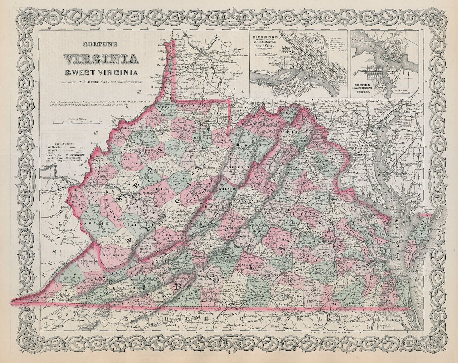 Colton's Virginia & West Virginia. Antique state map. Richmond Norfolk 1869